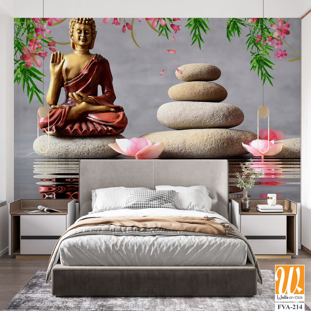 Buddha statue in red and gold, sitting atop river rocks [WP-FVA-214]