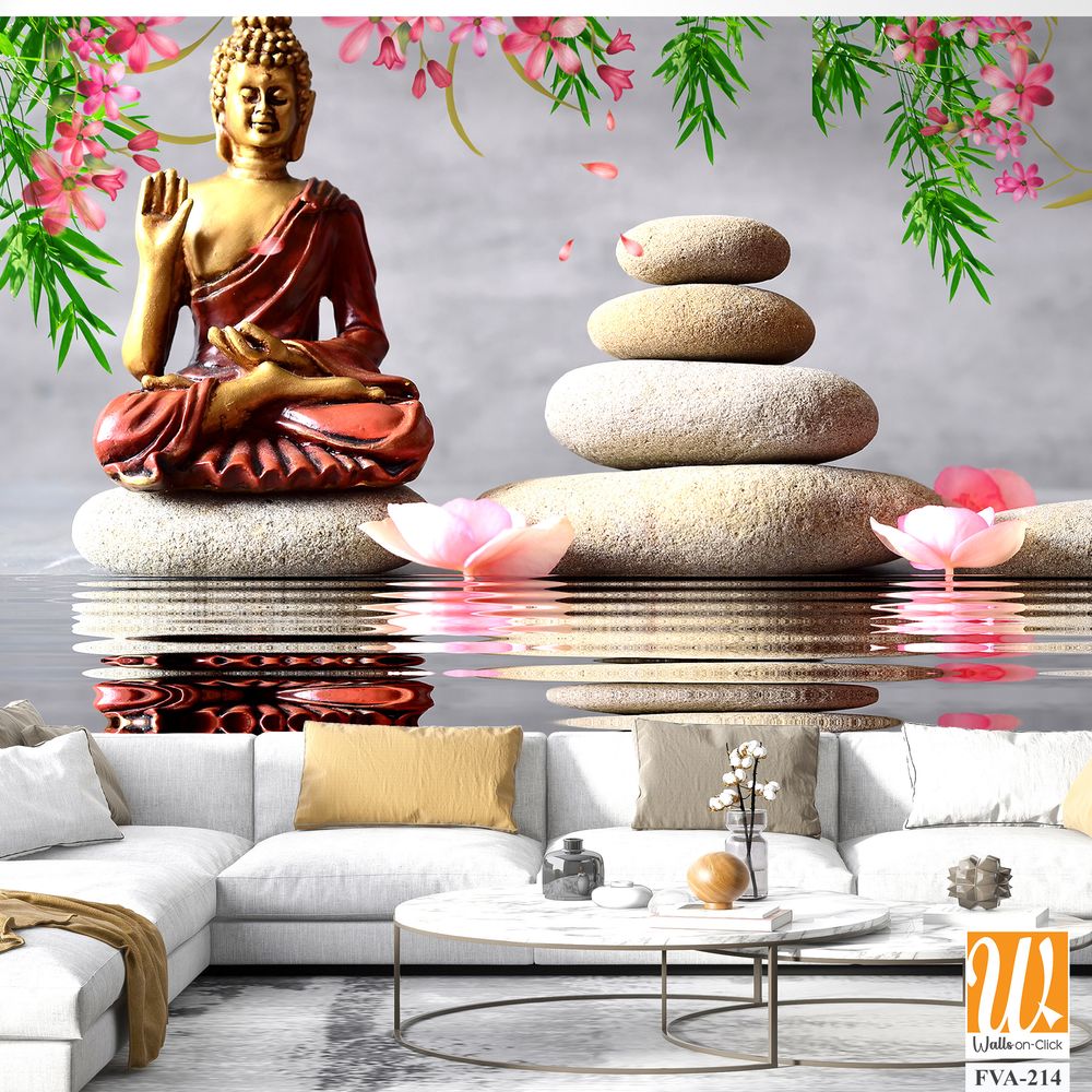 Buddha statue in red and gold, sitting atop river rocks [WP-FVA-214]