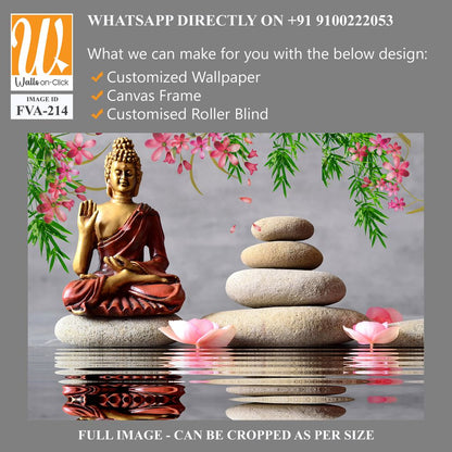 Buddha statue in red and gold, sitting atop river rocks [WP-FVA-214]