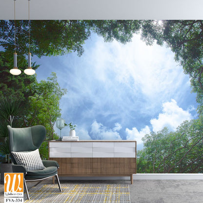 Looking up at the blue sky through lush green trees [WP-FVA-334]