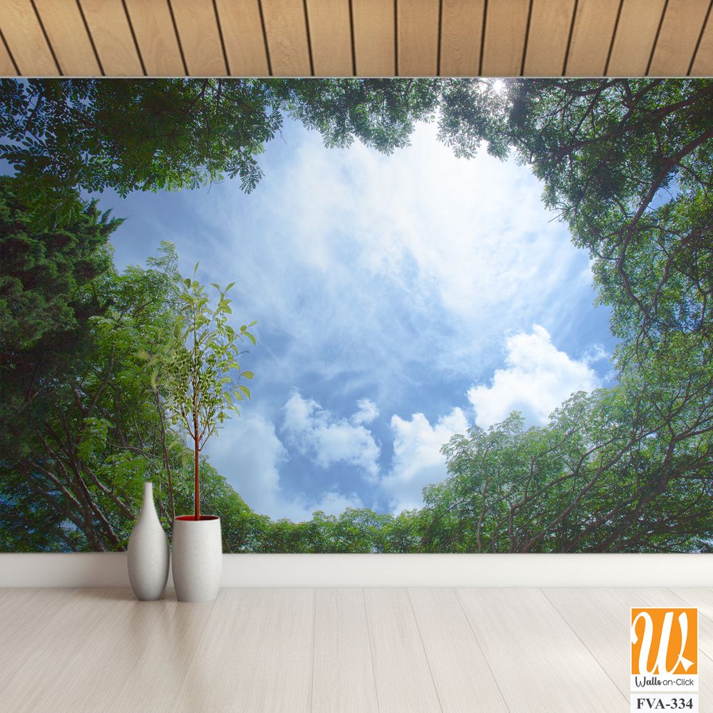 Looking up at the blue sky through lush green trees [WP-FVA-334]