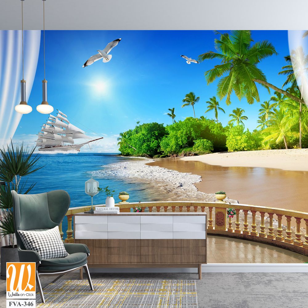 3D wallpaper with a balcony view of the beach, [WP-FVA-346]