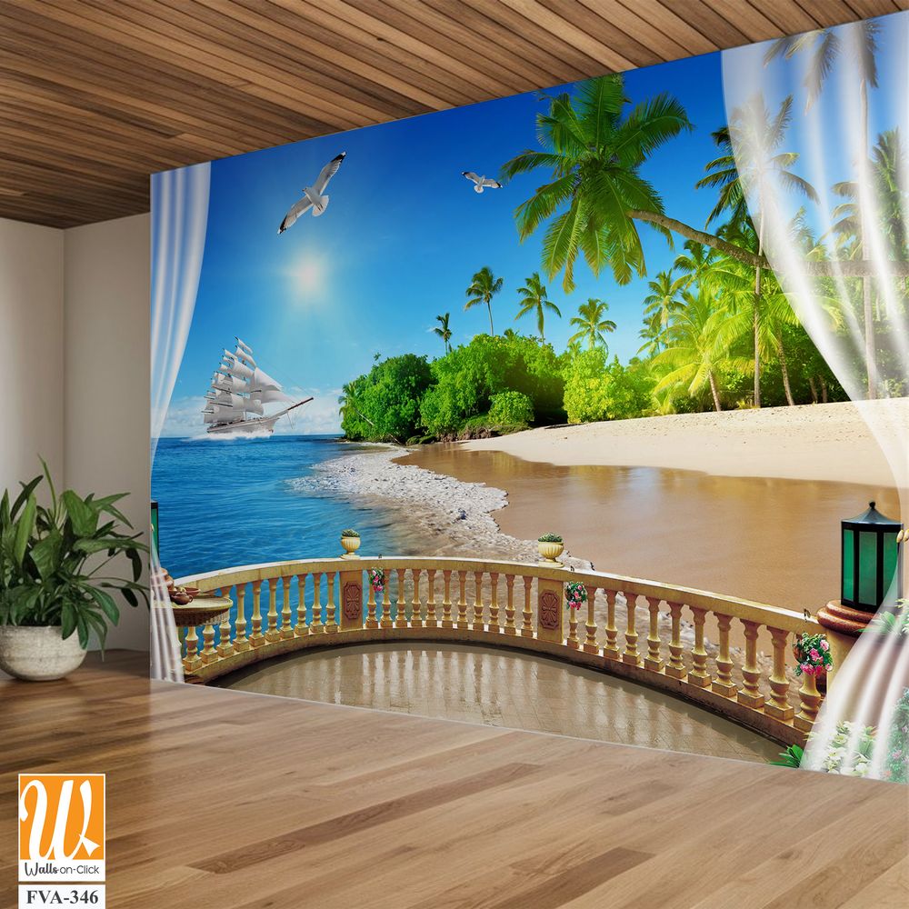 3D wallpaper with a balcony view of the beach, [WP-FVA-346]
