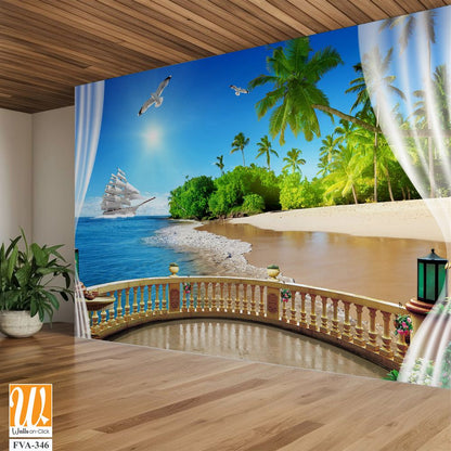 3D wallpaper with a balcony view of the beach, [WP-FVA-346]