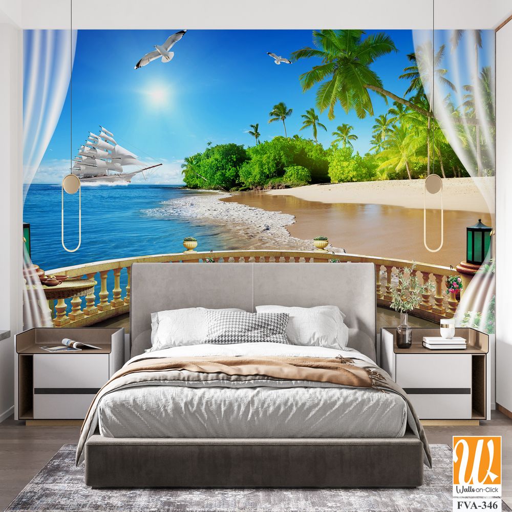 3D wallpaper with a balcony view of the beach, [WP-FVA-346]