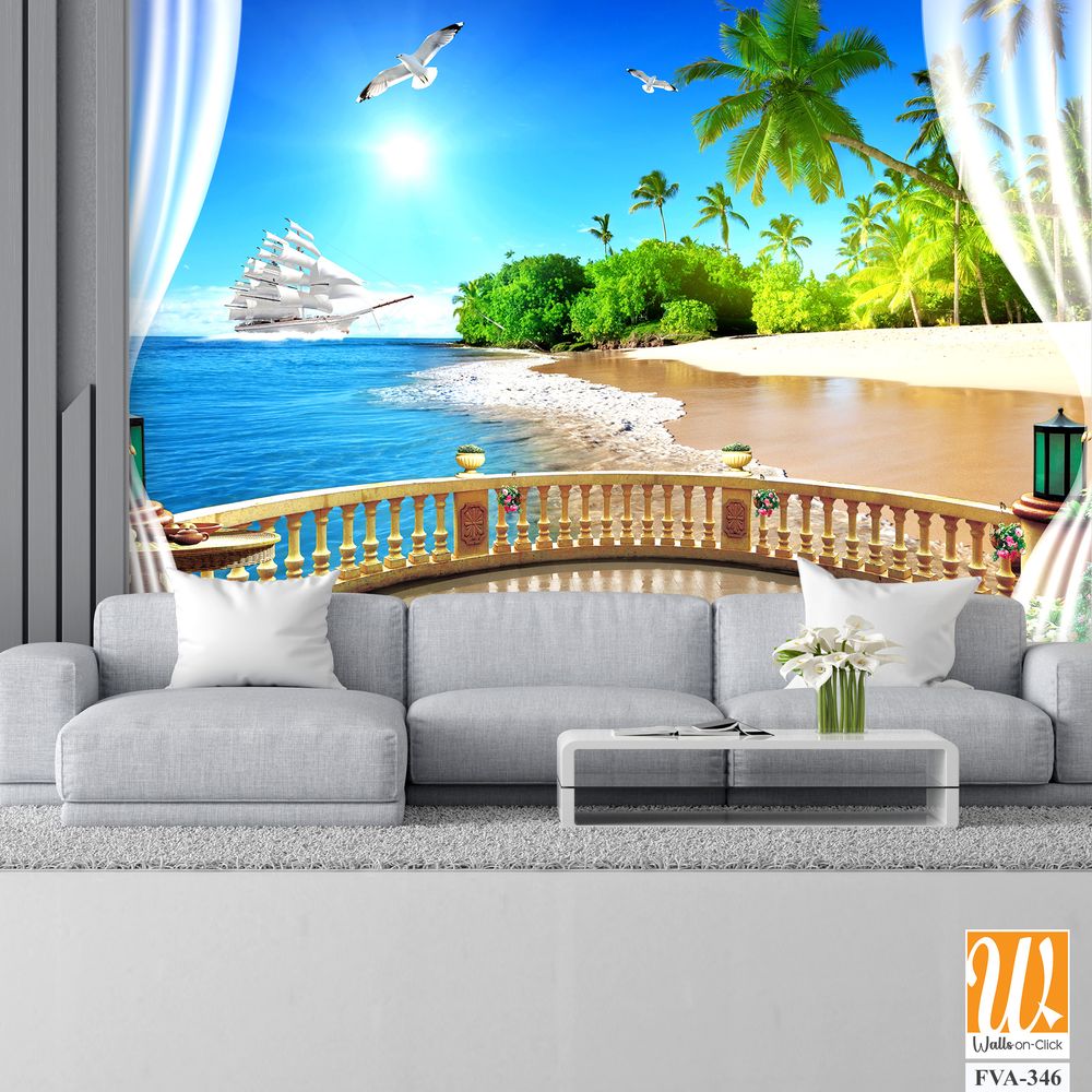 3D wallpaper with a balcony view of the beach, [WP-FVA-346]