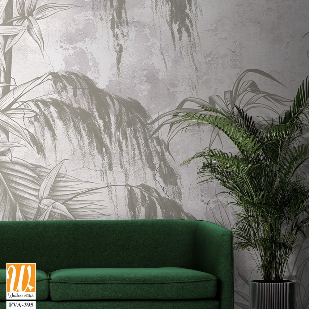 Graphic exotic leaves and flowers, tropical brunches on the concrete grunge wall. Light background. Illustration for photo wallpaper, mural, card, postcard. Design in the loft, classic, modern style. [WP-FVA-395]