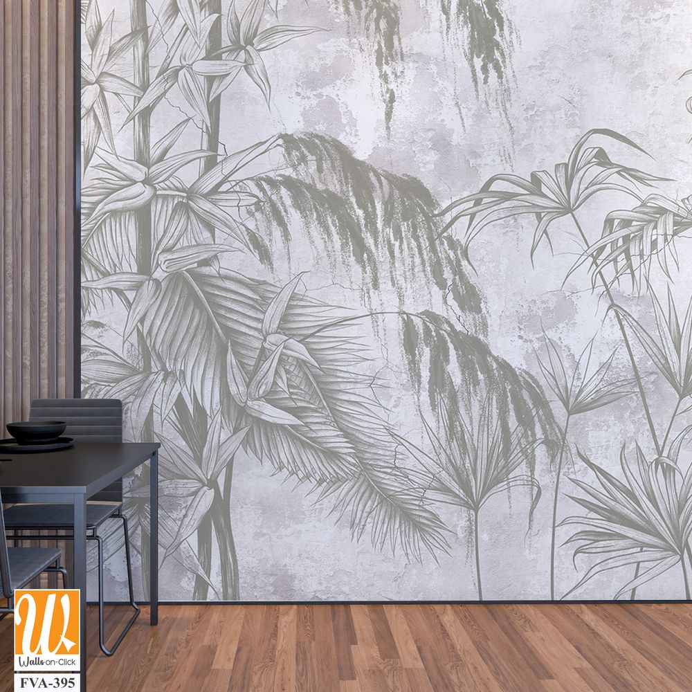 Graphic exotic leaves and flowers, tropical brunches on the concrete grunge wall. Light background. Illustration for photo wallpaper, mural, card, postcard. Design in the loft, classic, modern style. [WP-FVA-395]