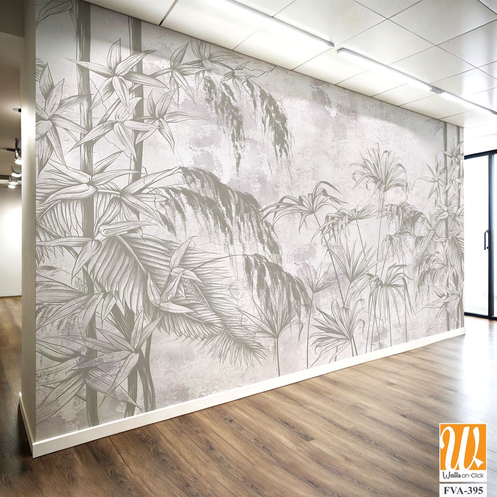 Graphic exotic leaves and flowers, tropical brunches on the concrete grunge wall. Light background. Illustration for photo wallpaper, mural, card, postcard. Design in the loft, classic, modern style. [WP-FVA-395]