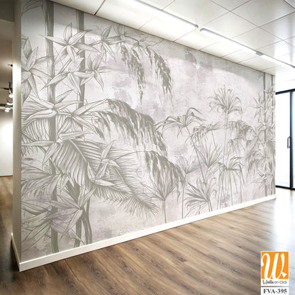Graphic exotic leaves and flowers, tropical brunches on the concrete grunge wall. Light background. Illustration for photo wallpaper, mural, card, postcard. Design in the loft, classic, modern style. [WP-FVA-395]