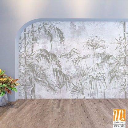 Graphic exotic leaves and flowers, tropical brunches on the concrete grunge wall. Light background. Illustration for photo wallpaper, mural, card, postcard. Design in the loft, classic, modern style. [WP-FVA-395]
