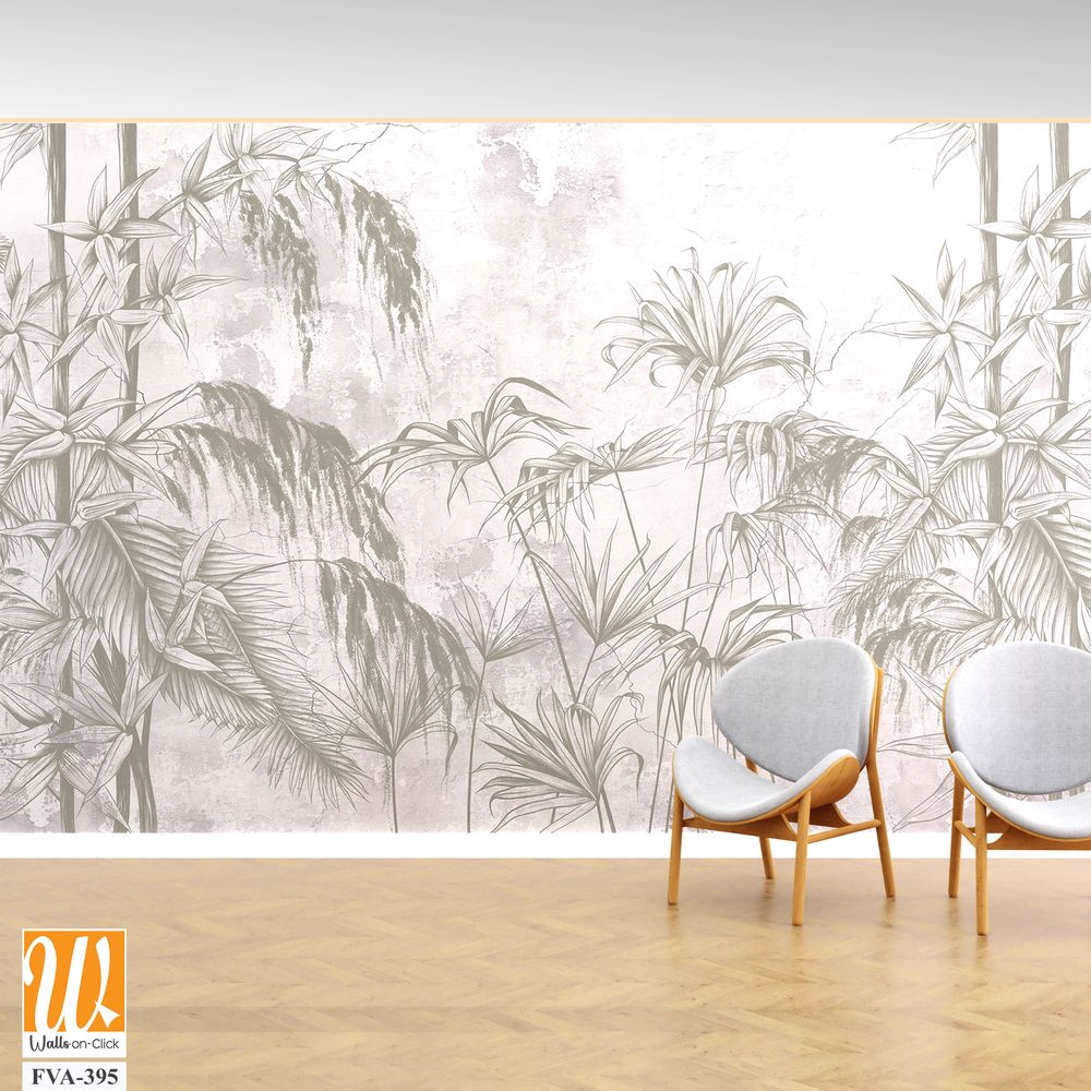 Graphic exotic leaves and flowers, tropical brunches on the concrete grunge wall. Light background. Illustration for photo wallpaper, mural, card, postcard. Design in the loft, classic, modern style. [WP-FVA-395]