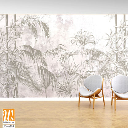 Graphic exotic leaves and flowers, tropical brunches on the concrete grunge wall. Light background. Illustration for photo wallpaper, mural, card, postcard. Design in the loft, classic, modern style. [WP-FVA-395]