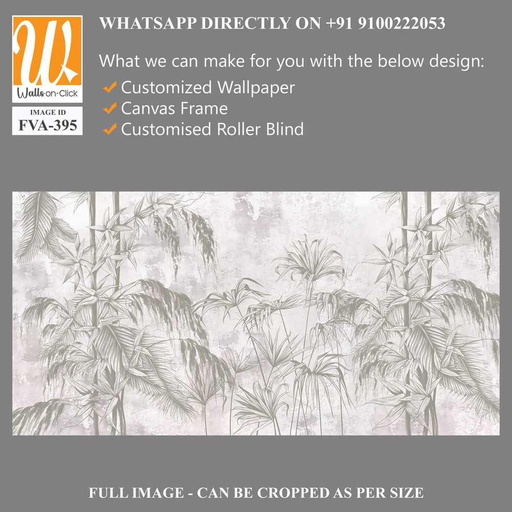 Graphic exotic leaves and flowers, tropical brunches on the concrete grunge wall. Light background. Illustration for photo wallpaper, mural, card, postcard. Design in the loft, classic, modern style. [WP-FVA-395]