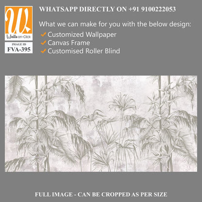Graphic exotic leaves and flowers, tropical brunches on the concrete grunge wall. Light background. Illustration for photo wallpaper, mural, card, postcard. Design in the loft, classic, modern style. [WP-FVA-395]