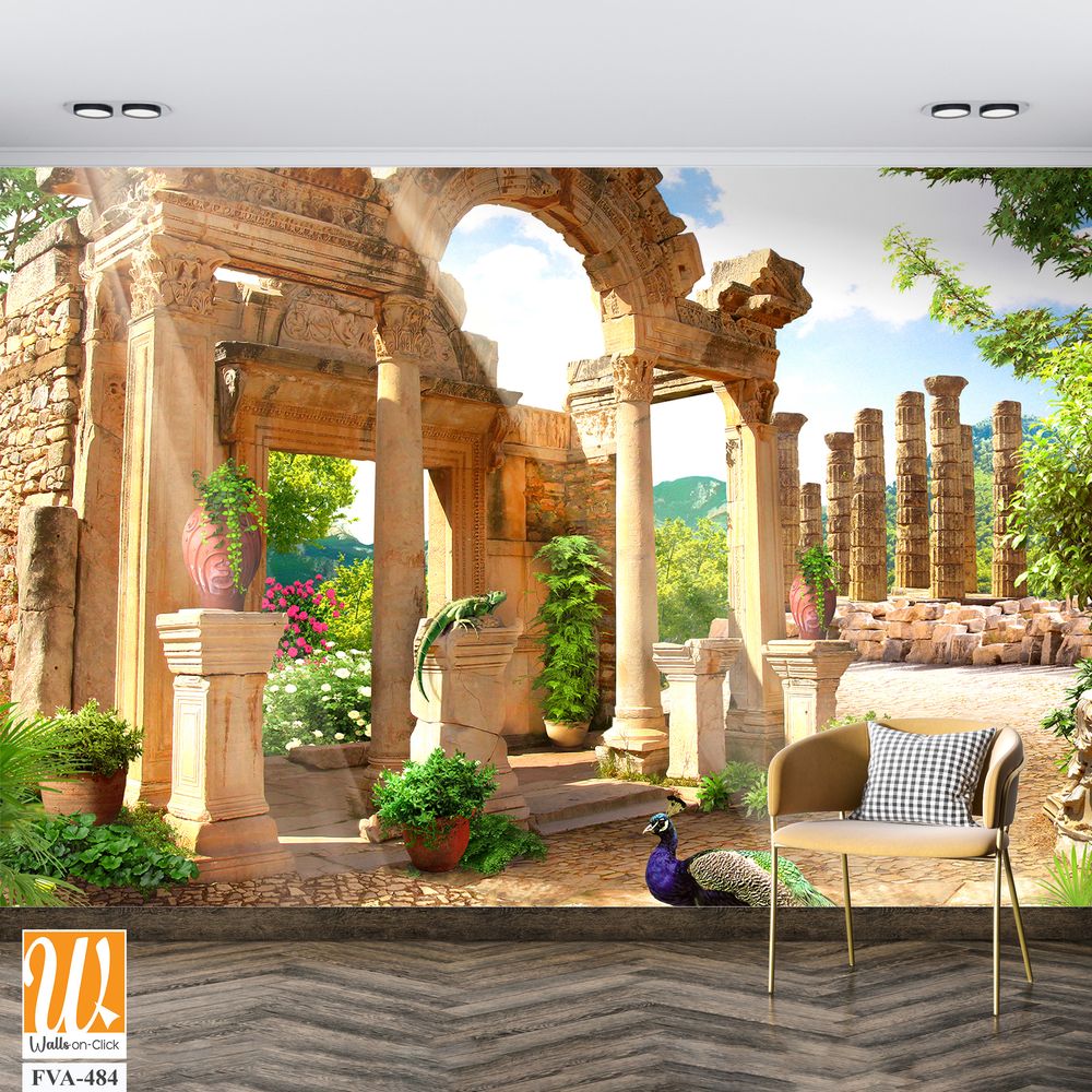 Beautiful Roman ruins garden with peacocks [WP-FVA-484]