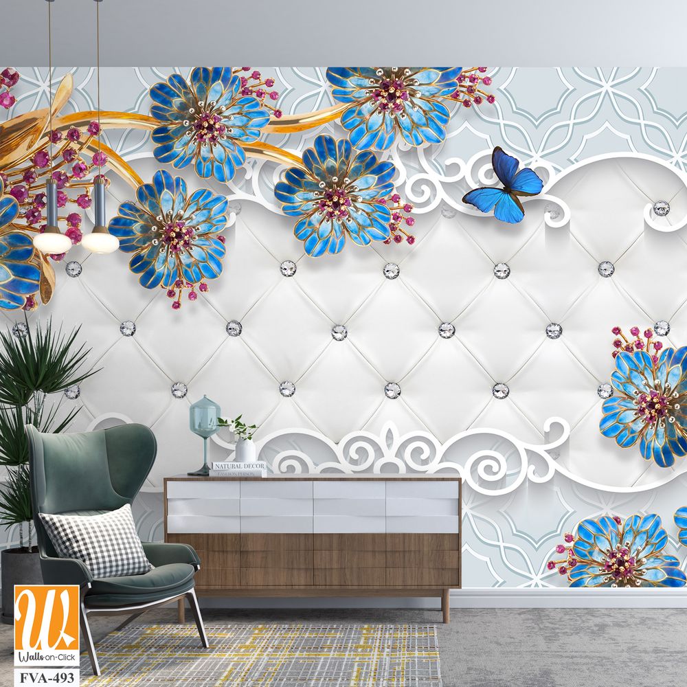 3D wallpaper featuring blue and red flowers [WP-FVA-493]