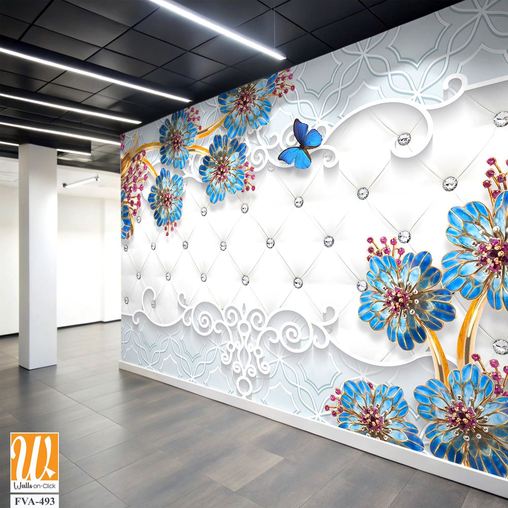 3D wallpaper featuring blue and red flowers [WP-FVA-493]