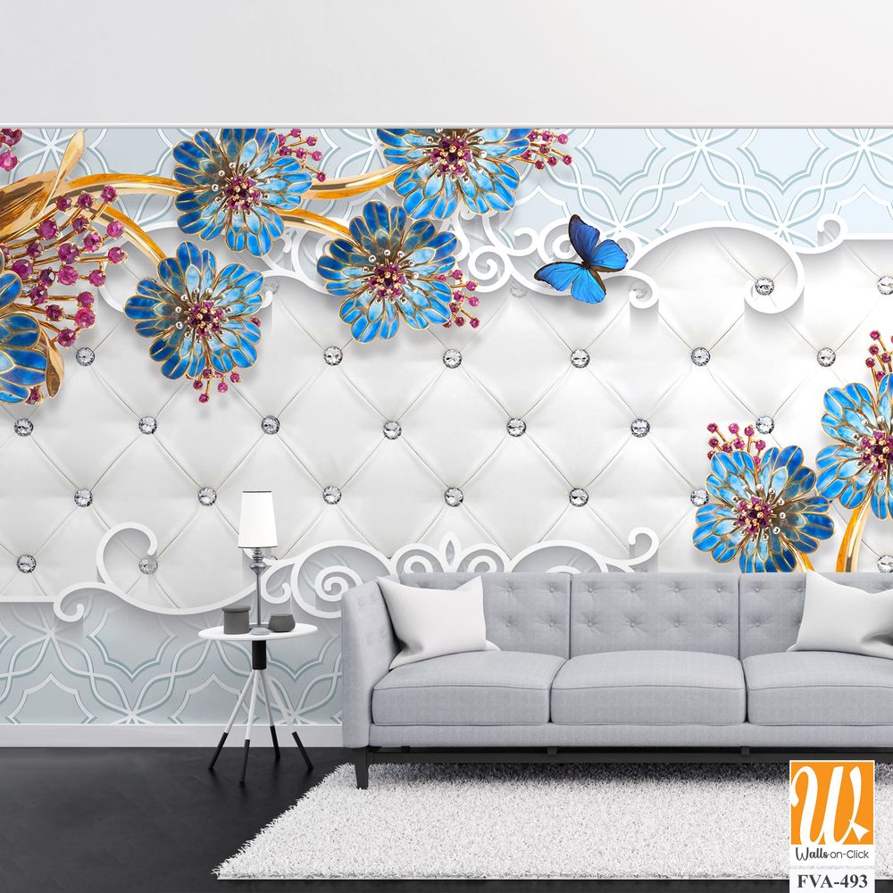 3D wallpaper featuring blue and red flowers [WP-FVA-493]
