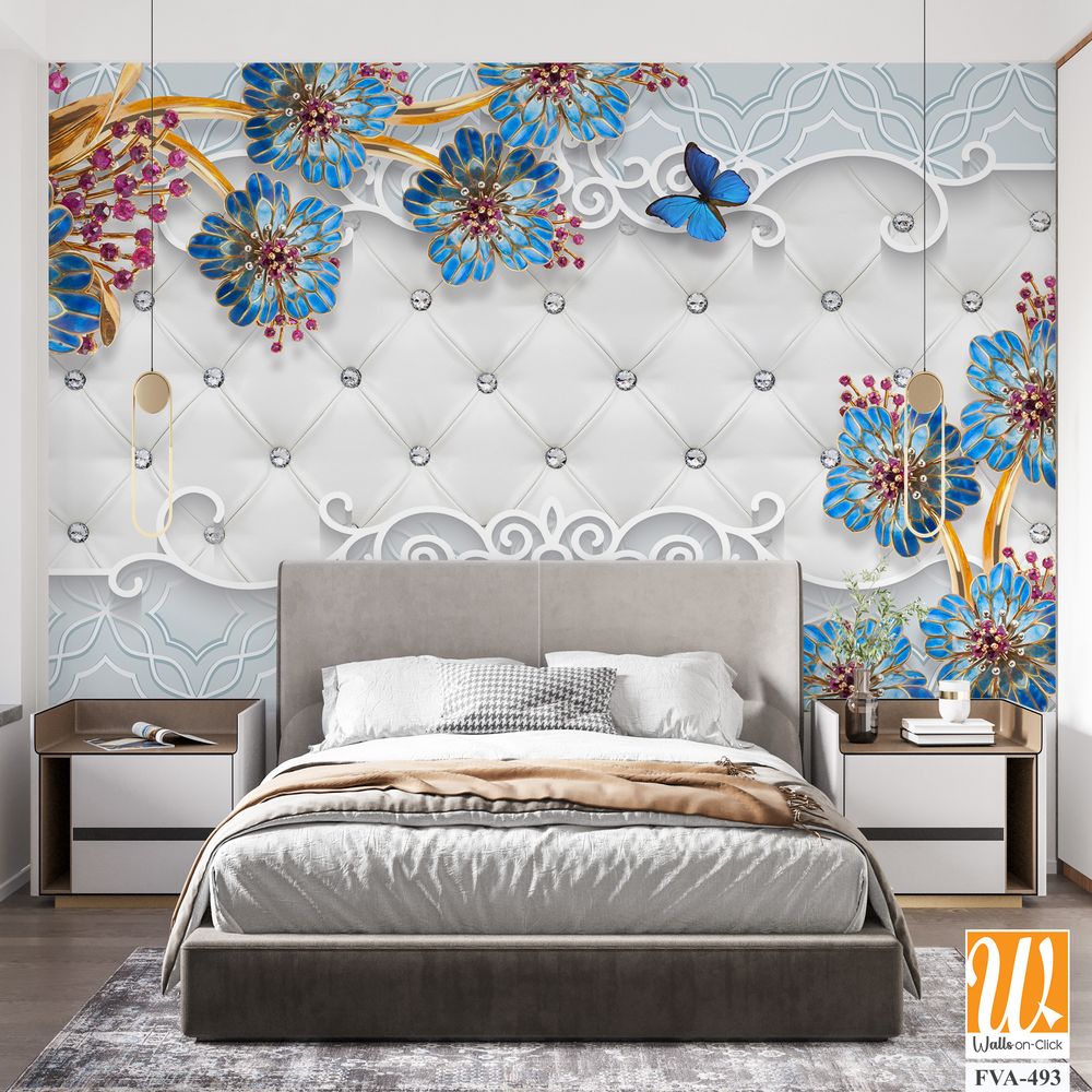 3D wallpaper featuring blue and red flowers [WP-FVA-493]