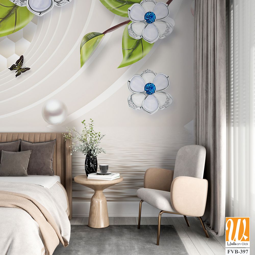 3D mural, white flowers with blue and green leaves [WP-FVB-397]