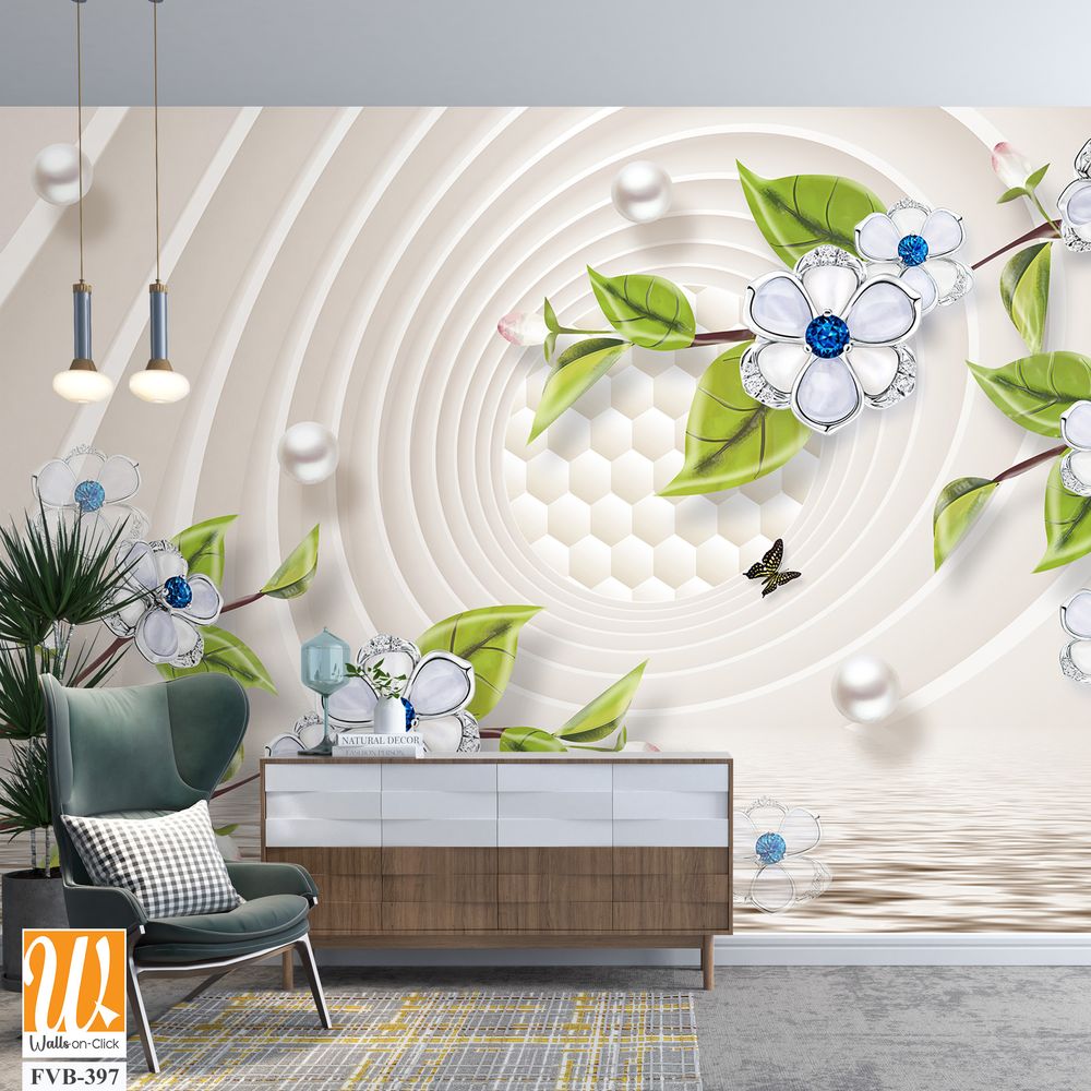 3D mural, white flowers with blue and green leaves [WP-FVB-397]