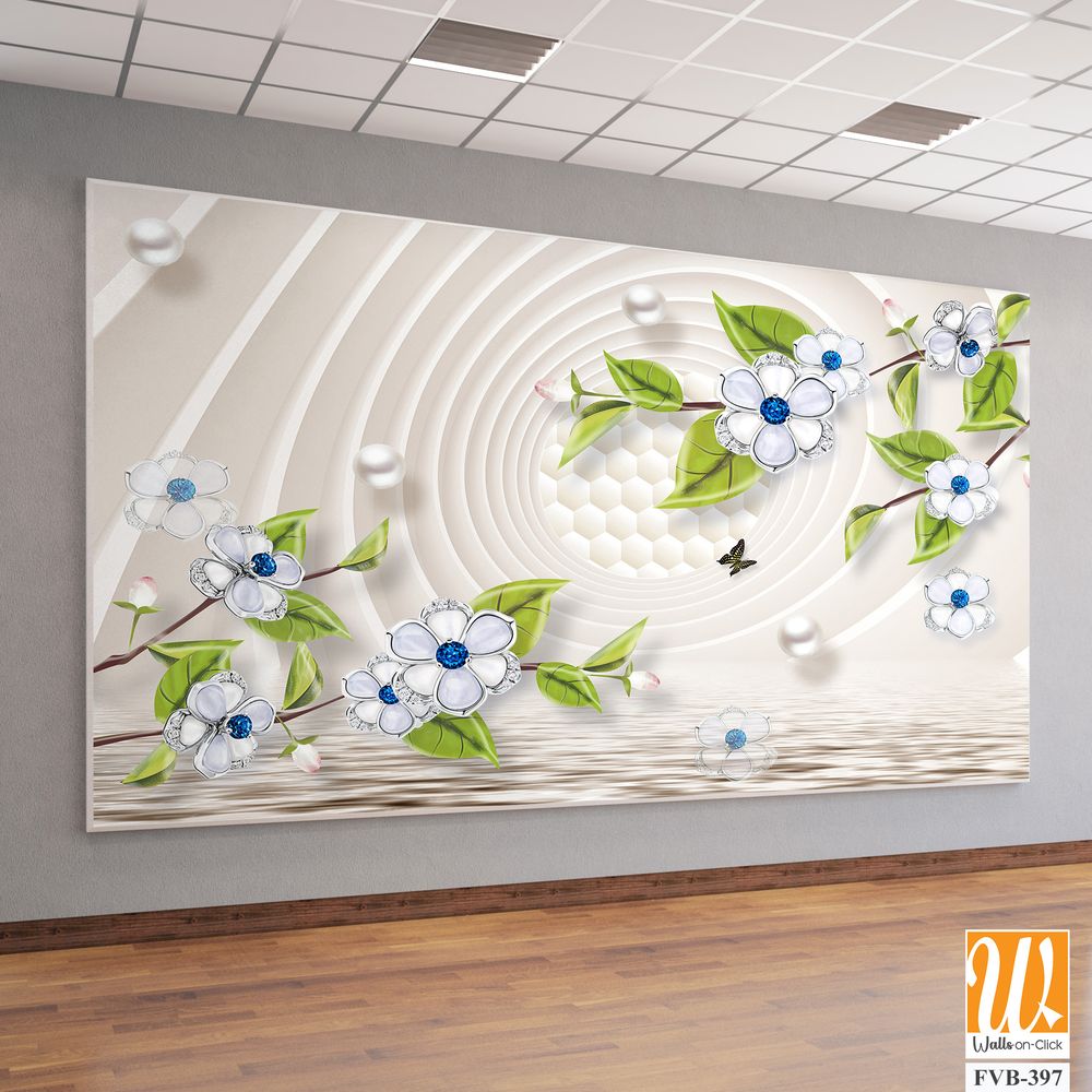 3D mural, white flowers with blue and green leaves [WP-FVB-397]
