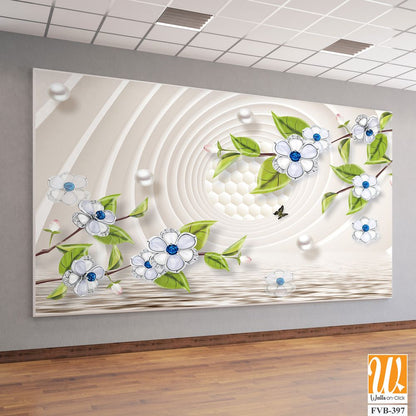 3D mural, white flowers with blue and green leaves [WP-FVB-397]