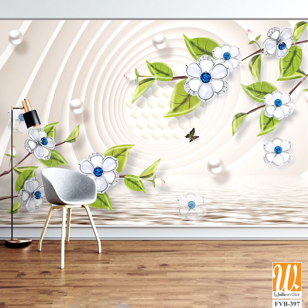 3D mural, white flowers with blue and green leaves [WP-FVB-397]