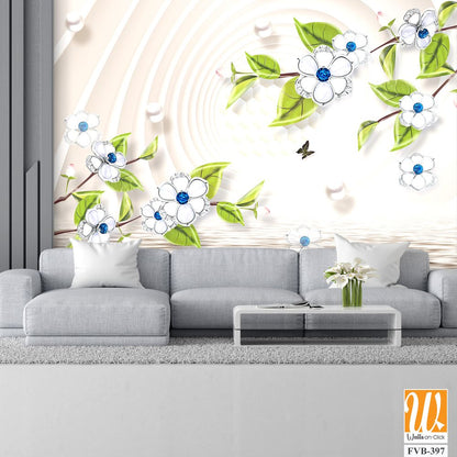 3D mural, white flowers with blue and green leaves [WP-FVB-397]