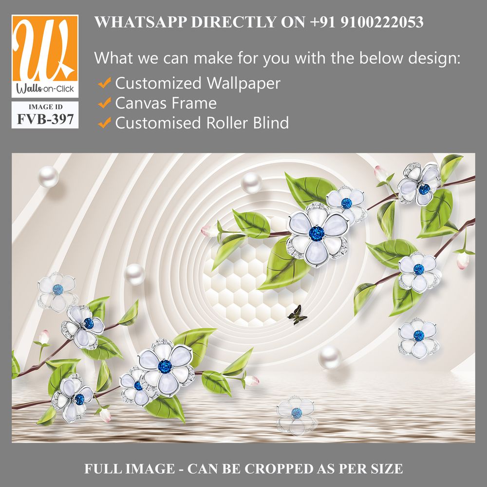 3D mural, white flowers with blue and green leaves [WP-FVB-397]