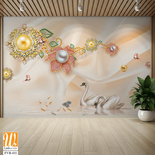 3D wallpaper with golden and silver pearls [WP-FVB-411]