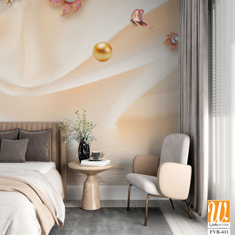 3D wallpaper with golden and silver pearls [WP-FVB-411]