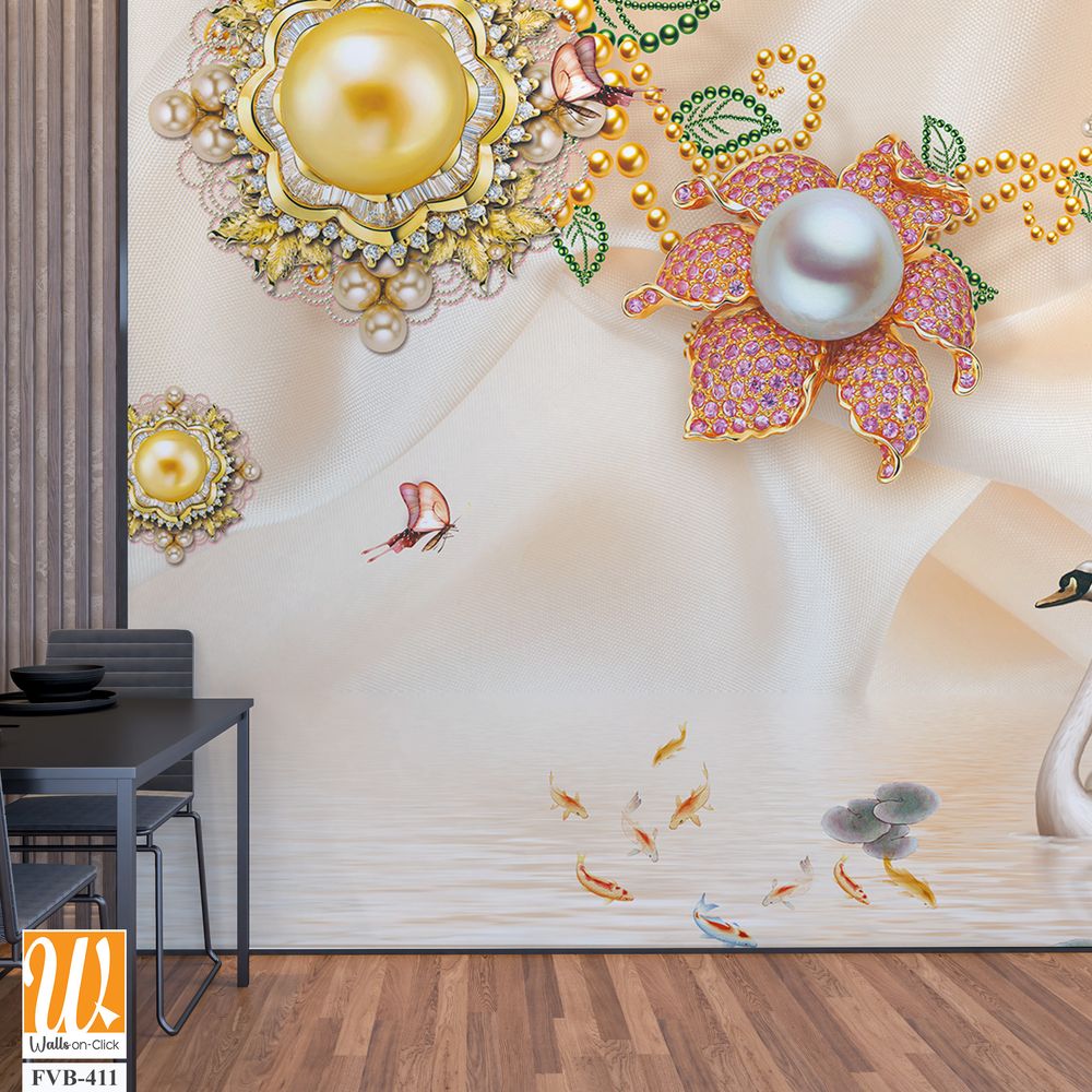 3D wallpaper with golden and silver pearls [WP-FVB-411]
