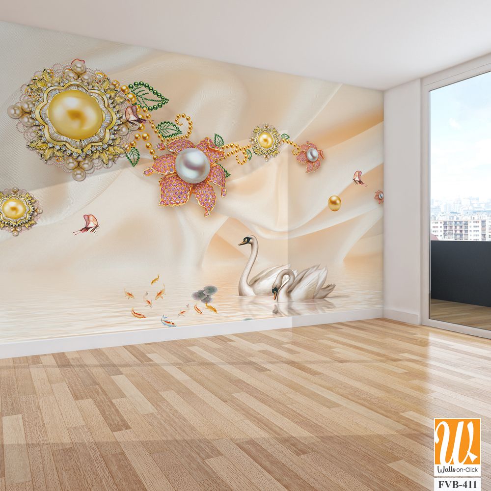 3D wallpaper with golden and silver pearls [WP-FVB-411]