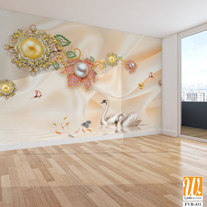 3D wallpaper with golden and silver pearls [WP-FVB-411]