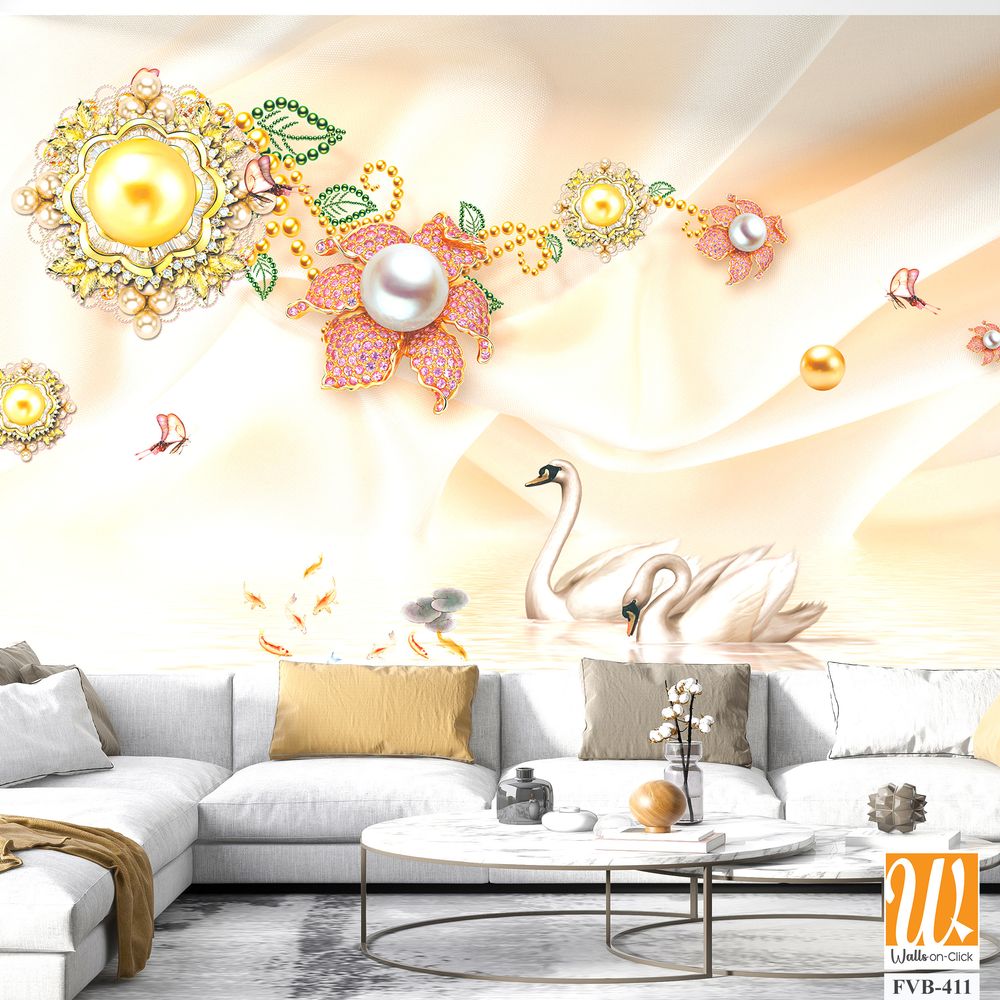3D wallpaper with golden and silver pearls [WP-FVB-411]
