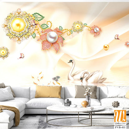 3D wallpaper with golden and silver pearls [WP-FVB-411]