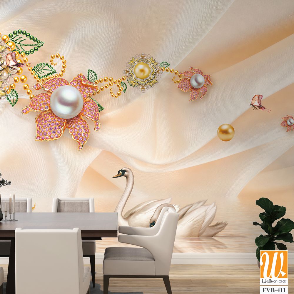 3D wallpaper with golden and silver pearls [WP-FVB-411]