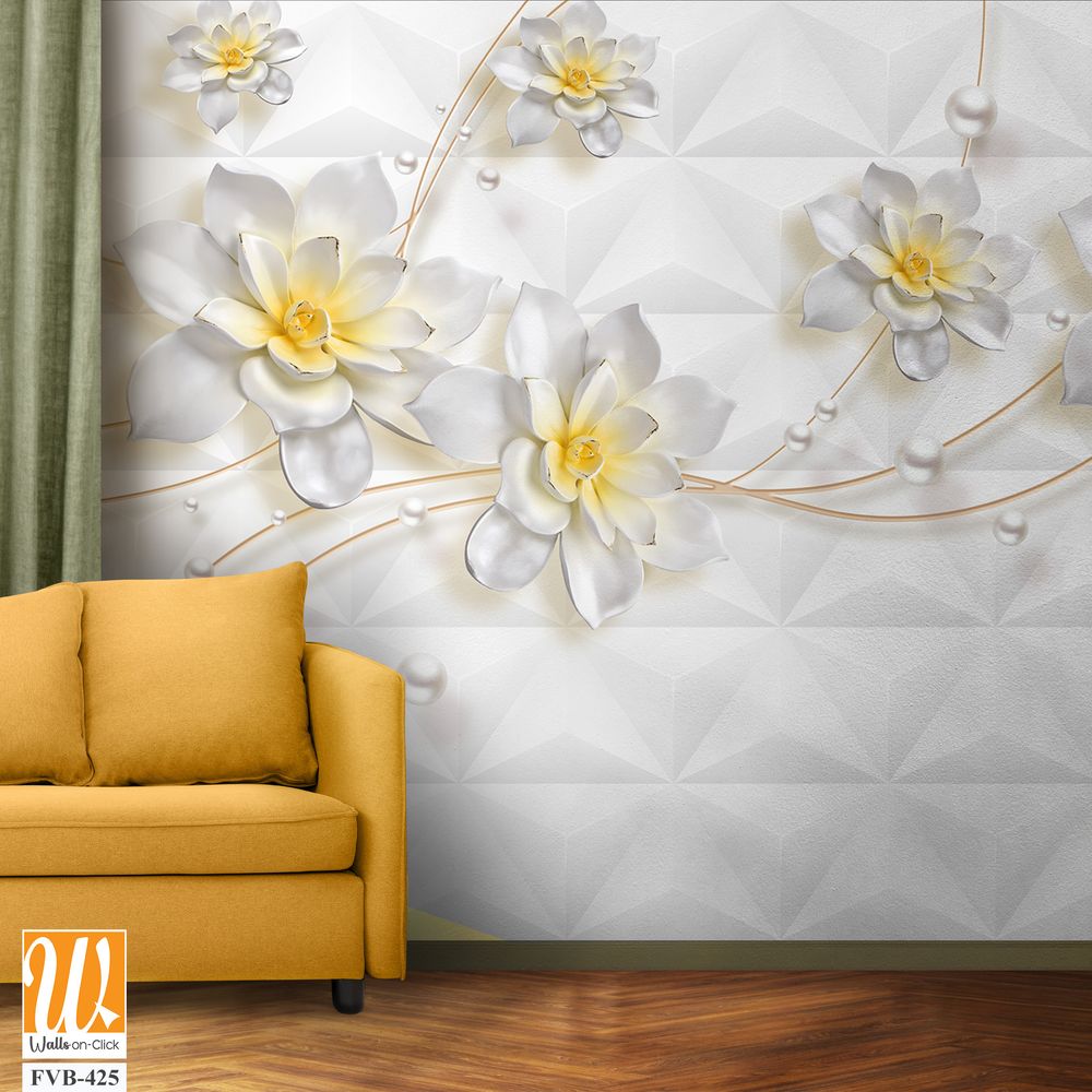 3D wallpaper featuring white flowers with pearls [WP-FVB-425]