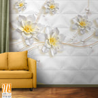 3D wallpaper featuring white flowers with pearls [WP-FVB-425]