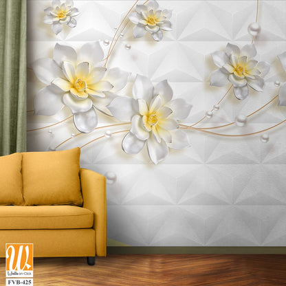 3D wallpaper featuring white flowers with pearls [WP-FVB-425]