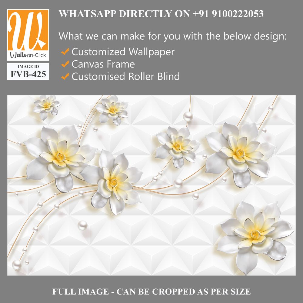 3D wallpaper featuring white flowers with pearls [WP-FVB-425]