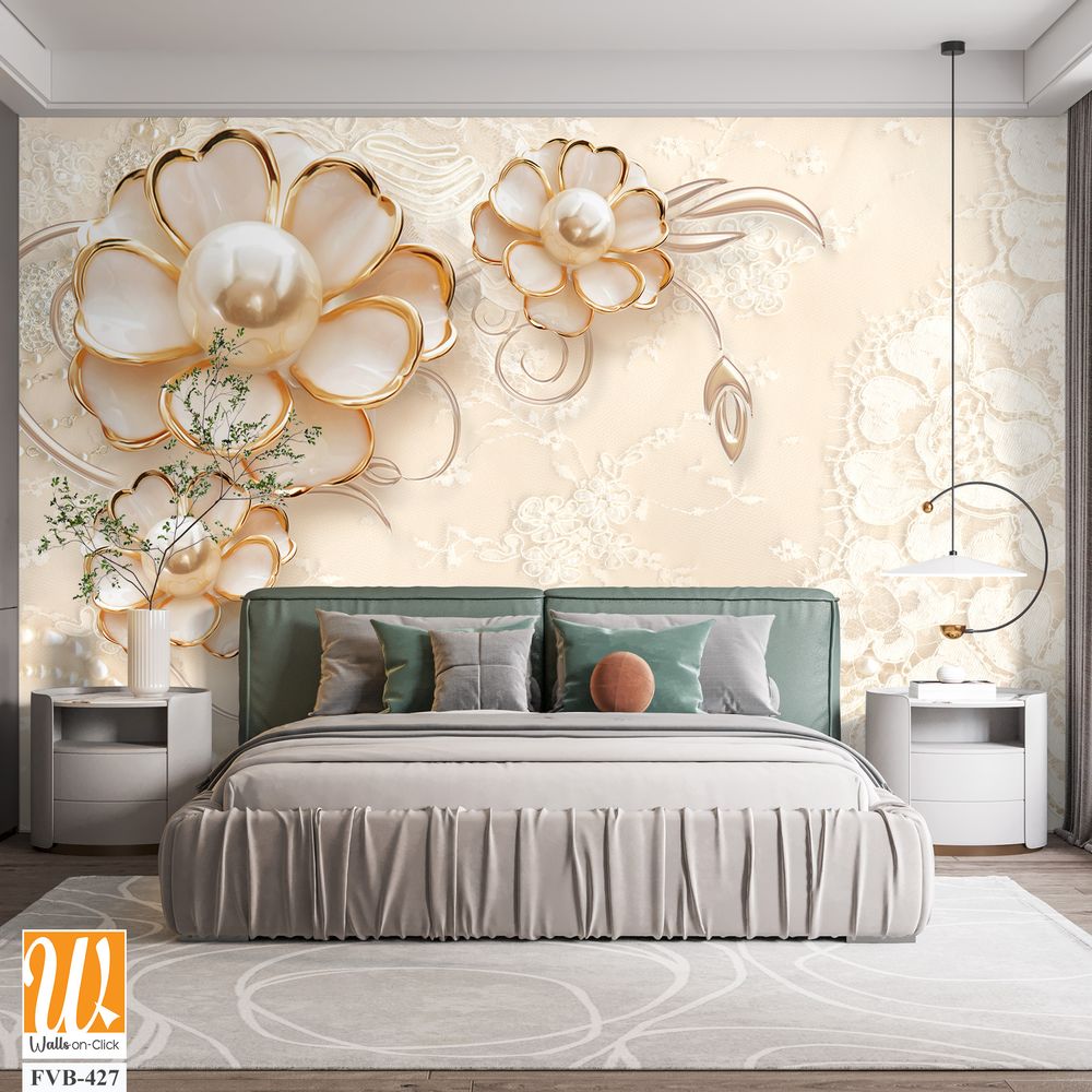 3D wallpaper of white pearls and gold flowers [WP-FVB-427]