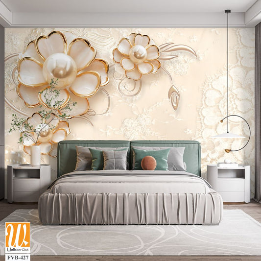 3D wallpaper of white pearls and gold flowers [WP-FVB-427]