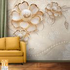 3D wallpaper of white pearls and gold flowers [WP-FVB-427]