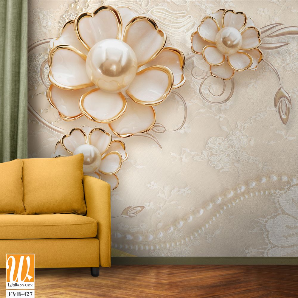 3D wallpaper of white pearls and gold flowers [WP-FVB-427]