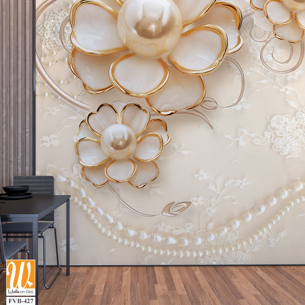 3D wallpaper of white pearls and gold flowers [WP-FVB-427]