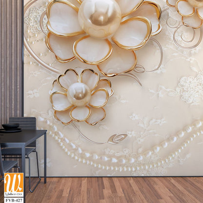 3D wallpaper of white pearls and gold flowers [WP-FVB-427]