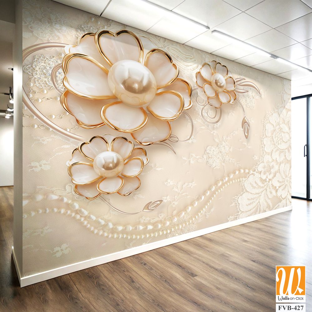 3D wallpaper of white pearls and gold flowers [WP-FVB-427]